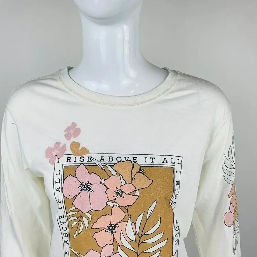 New Love Tribe Juniors Small T-Shirt I Rise Above Long Sleeve Ivory‎ Floral NWT - Picture 4 of 8
